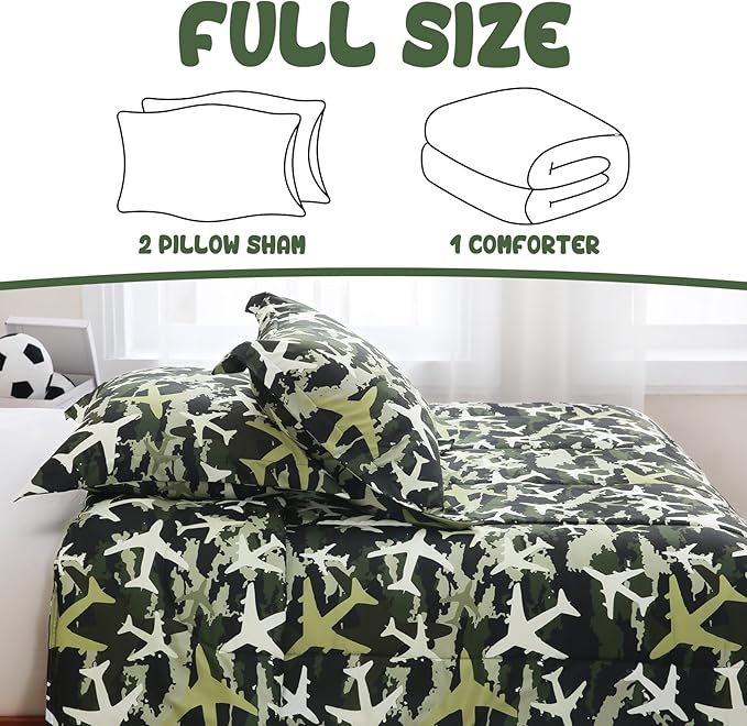 Yibeizi Airplane Comforter Set for Boys Full Size, Kids Green Camouflage Printed Bedding Set with Pillow Sham, Cute Lightweight Soft Breathable Machine Washable Quilted Bed Comforter Set 3 Piece