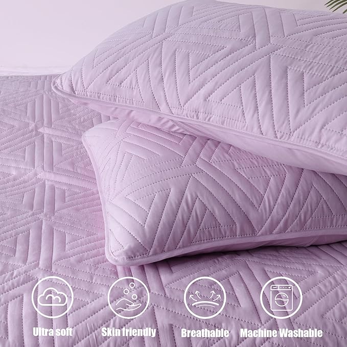 Whale Flotilla Soft Twin Size Quilt Set for All Seasons, 2-Piece Ultrasonic Geometric Quilts Bedding Set, Lightweight Reversible Bedspread, Coverlet, Bed Cover with Pillow Sham, Light Purple