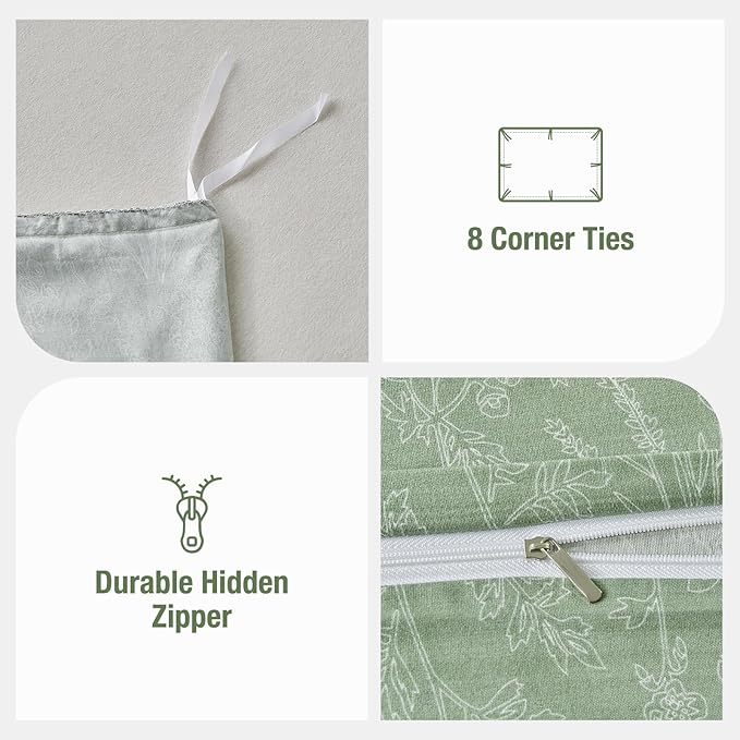 Lekesky Queen Size Duvet Cover Set, White Floral Pattern Queen Size Duvet Cover, 3 Piece Green Comforter Cover with Zipper, Ultra Soft Microfiber Bedding Set with 2 Pillowcases