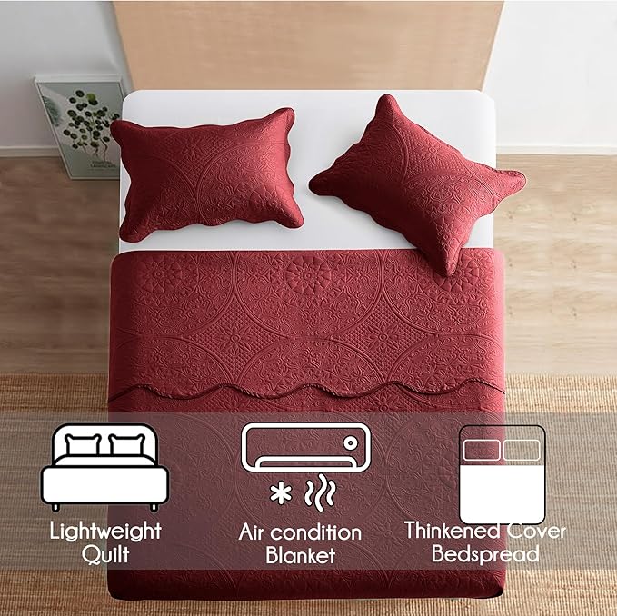 IR Imperial Rooms King Quilt Bedding Set Size (106" x 96") + 2 Pillow Shams (20" x 36"+ 2") - 3 Pcs All Season Lightweight Reversible Microfiber Coverlet Floral Embossed Quilt Bedspread (Burgundy)