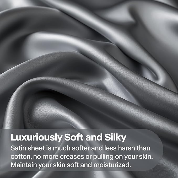 BEDELITE Satin Sheets Full XL Size Bed Set, Luxury Soft Dark Grey Silky Sheets for Hair and Skin, Similar to Silk Bed Sheets Set 4 Pieces with 1 Deep Pocket Fitted Sheet, 1 Flat Sheet, 2 Pillowcases