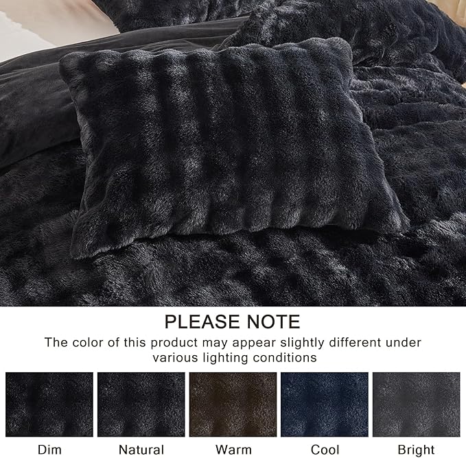EMME Faux Fur Duvet Cover Twin Size, 2 Pieces Ultra Soft Fluffy Comforter Cover, Cozy Warm for Winter, Luxury Elegant Shaggy Bubble Design Bedding, 1 Duvet Cover & 1 Pillow Shams (Twin, Black)