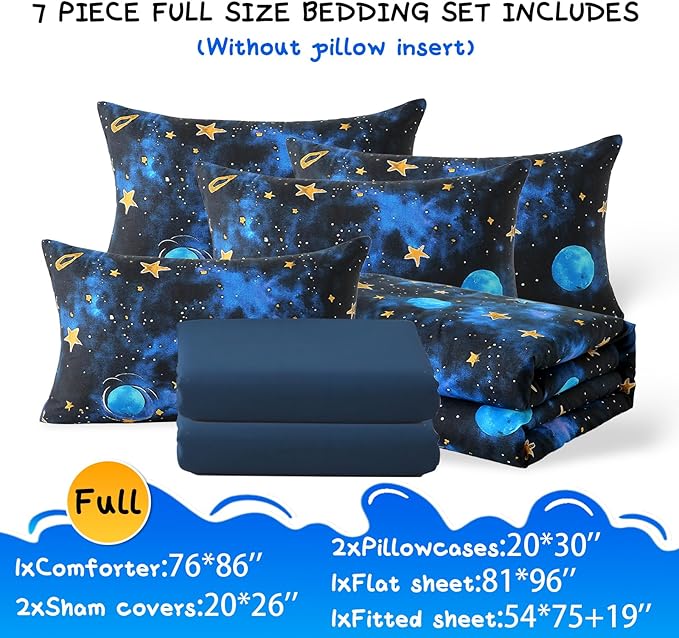 Glow in The Dark Kids Comforter Set, 7 Pieces Blue Space Bedding Set Full Size for Boys Girls Teen, 1 Comforter, 2 Pillowcases, 2 Pillow Shams, 1 Flat Sheet, 1 Fitted Sheet