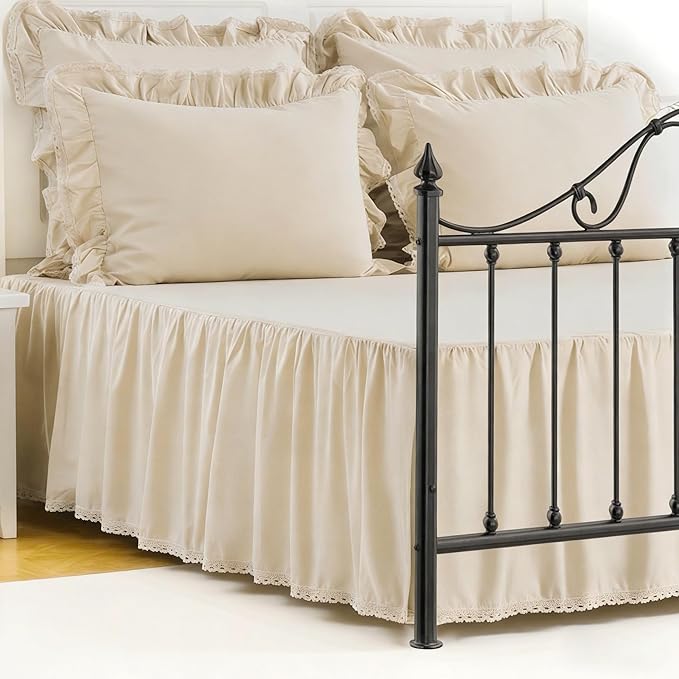 Queen Size 14 inch Drop Ivory Dust Ruffle, 100% Lightweight Cotton Ruffled Bed Skirt, French Coutry Style, Lace Ruffled Bed Skirt with Split Corners