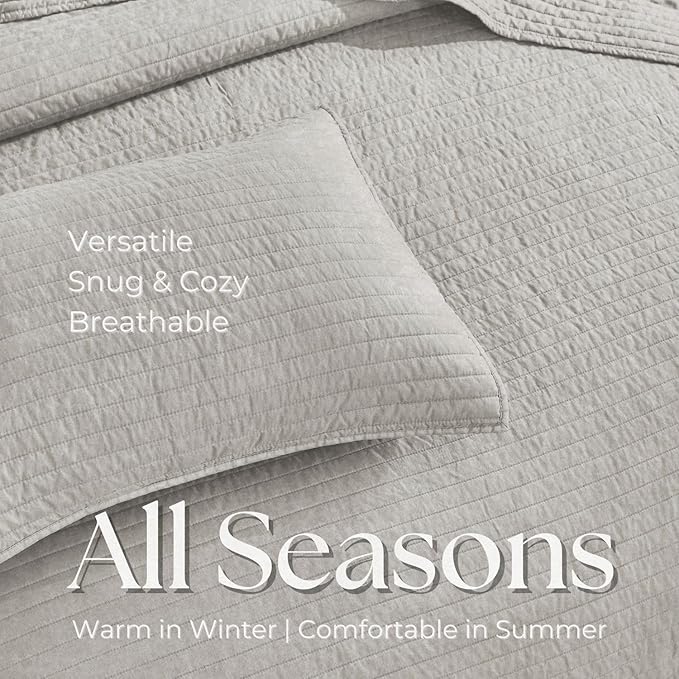 DOWN HOME Cali King Quilt Bedding Set with Shams, Vintage Washed Quilted Blanket Thin Comforter Lightweight Bedspread Coverlet Bed Cover, Brushed Microfiber Stripe Stitching, Light Gray, 111"x92"