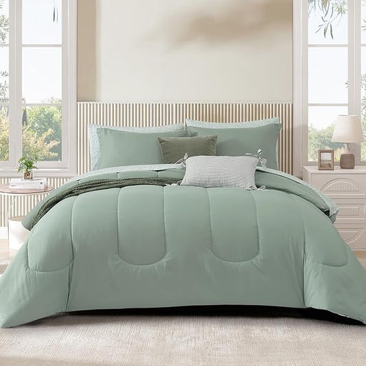 Monbix King Size Comforter Set - 7 Pieces Bed in a Bag King, Sage Green Track Stitching Bedding Sets, All Seasons Bed Set with Sheets, Pillowcases & Shams