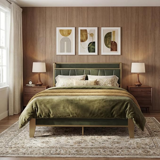LIKIMIO Full Bed Frame, Storage Headboard with Charging Station, Solid and Stable, Noise Free, No Box Spring Needed, Easy Assembly (Dark Green)