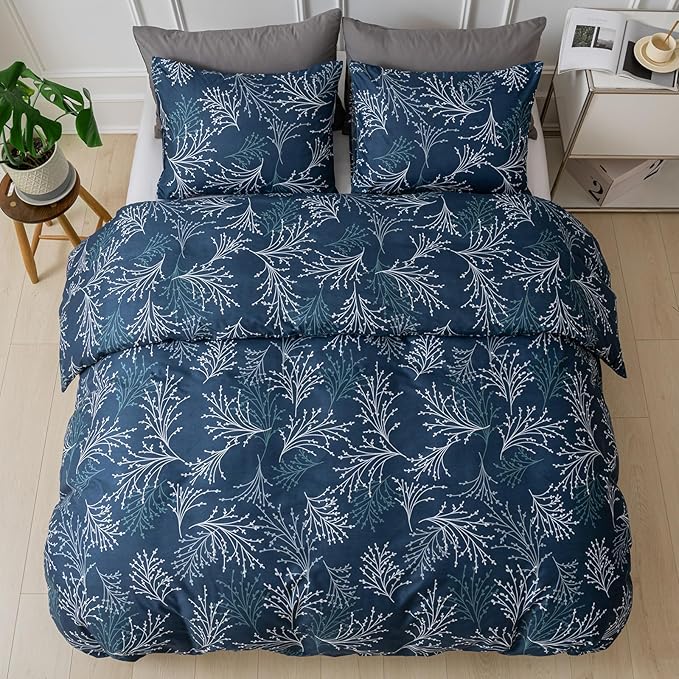 Lekesky Reversible Duvet Cover King Size, Navy Blue White Branch Comforter Cover King 3pcs Microfiber Botanical Bedding Set with Zipper Closure Corner Ties