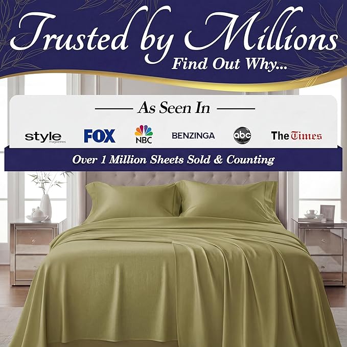DECOLURE 100% Viscose Derived from Bamboo Sheets Full Size - Luxury 4 Pc Naturally Cooling Sheets, Ultra Soft Bed Set - Deep 17" Pockets, Durable Double Stitching, Oeko Tex Standard (Light Olive)