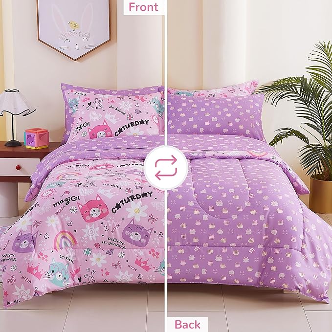 Viviland Kids Full Bedding Sets for Girls, Soft Full Comforter Set with Sheets, 7 Pieces Microfiber Bed in a Bag, Pink Cat Kitty