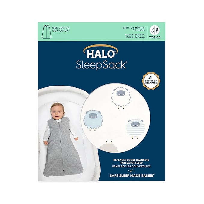 HALO SleepSack, 100% Cotton Wearable Blanket, Swaddle Transition Sleeping Bag, TOG 0.5, Sleepy Sheep, Small, 0-6 Months