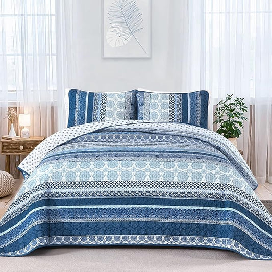 WONGS BEDDING Boho Quilt Set King Size, Navy Blue Bohemian 3 Pieces Quilt Sets, Lightweight Microfiber Bedspread Coverlet Bedding Set for All Season (104"x90")