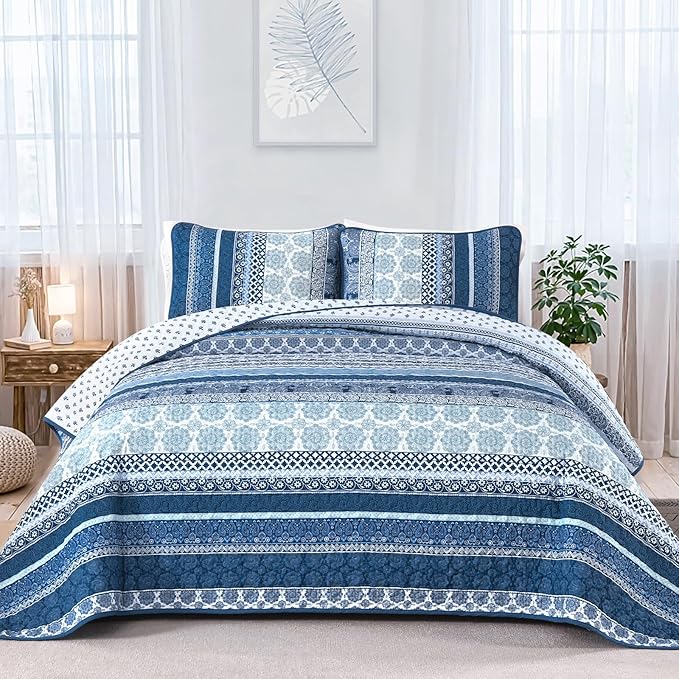 WONGS BEDDING Boho Quilt Set Twin Size, Navy Blue Bohemian 2 Pieces Quilt Sets, Lightweight Bedspread Coverlet Bedding Set for All Season (68"x86")
