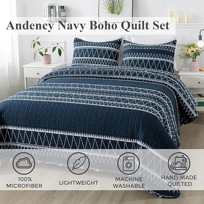 Andency Navy Oversized Super King Plus Quilt Set, 3 Pieces Boho Lightweight Soft Striped Bedspread for All Season (128"x120"), Printed Bohemian Microfiber Reversible Coverlet Comforter Sets