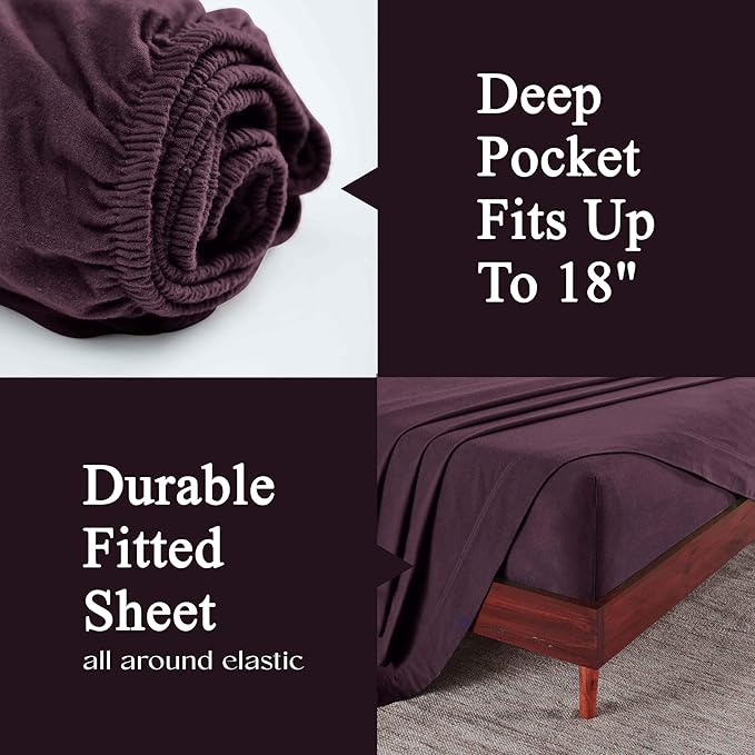 Superior Flannel Cotton Bed Sheet Set, Includes Flat Sheet, Fitted Sheet, Two Pillowcases (Twin Sizes Include One Pillowcase), Breathable, Modern Solid Classic - Split King, Purple