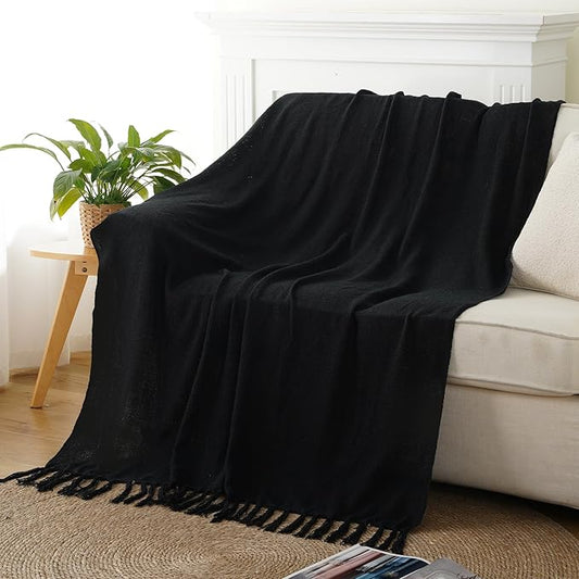 Battilo Black Solid Knit Throw Blanket for Couch and Bed, Soft Textured Plush Blanket, Cozy Lightweight Decorative Blanket for Sofa, 50"x60"
