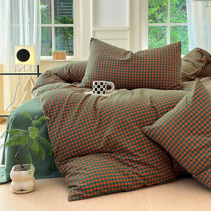 LifeTB Gingham Comforter Set King Modern Style Plaid Checkered Pattern Comforter Soft Fluffy Gingham Bedding Set Lightweight Orange Green Grid Bedding Comforter Fluffy Checkered Comforter Set