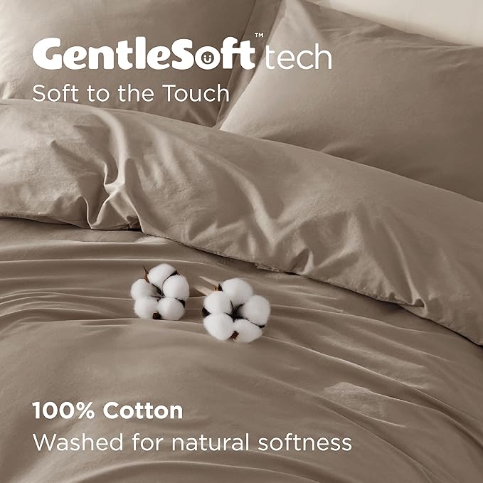 Bedsure 100% Washed Cotton Duvet Cover Queen Size - Light Brown Minimalist Cotton Duvet Cover Linen Like for All Seasons - GentleSoft™ Plain Simple Bedding, 3 Pieces (Light Brown, Queen, 90"x90")