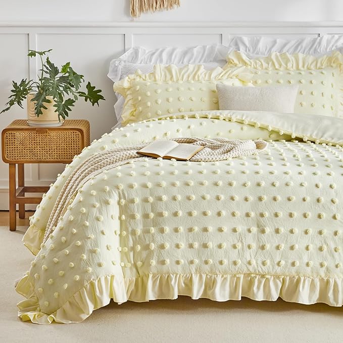 Flysheep Tufted Dots Ruffle Comforter Set Twin Size, 3 Pieces Yellow Vintage Farmhouse Shabby Chic Comforters, Jacquard Boho Bohemian Bedding Set for Kids (1 Ruffled Comforter+ 2 Pillow Shams)