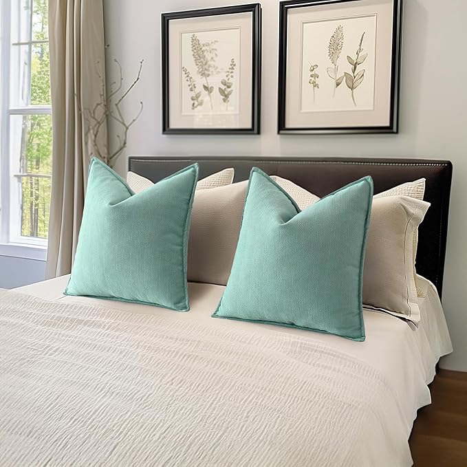 MIULEE Pack of 2 Aqua Green Decorative Pillow Covers 18x18 Inch Soft Chenille Luxurious Couch Throw Pillows Farmhouse Cushion Covers with Elegant Design for Sofa Bedroom Living Room Spring Home Decor