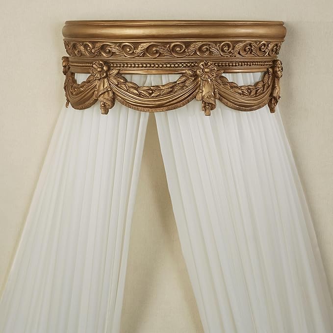 Touch of Class Aged Gold Swag and Bow Wall Teester Bed Crown | Ornate Canopy | Acanthus Leaves, Scrollwork, Floral, Beaded | Removable Rod for Drapes, Sheers | Elegant Traditional Classical