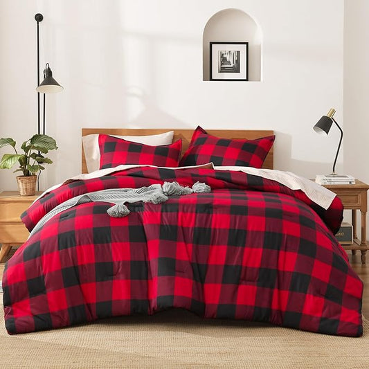 Andency Red and Black Plaid Comforter Set King(104x90Inch), 3 Pieces Buffalo Plaid Checkered Gingham Bedding Comforter Sets, Soft Burgundy Lightweight Geometric Down Alternative Bed Set