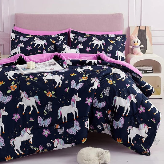 Mooreeke Kids Comforter Bed Set Twin Size for Girls, 6 Pieces Bed in a Bag with Shams, Sheet Set, Purple Pink Unicorn Twin Soft Microfiber Kids Comforter Bedding Set