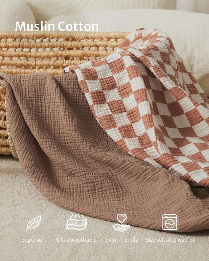 Blissful Diary Muslin Crib Sheets for Girl Boy, Boho Neutral Soft Cotton Baby Sheet for 52''x28'' Standard Crib Mattress, 2 Pack(Brown Checkboard & Brown)
