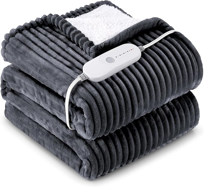 HYLEORY Heated Blanket Electric Throw, Soft Flannel Sherpa Heater 5 Heat Settings and 3 Hours Auto Shut-Off Heating Blanket ETL Certification Over-Heat Protection Machine Washable,Deep Grey