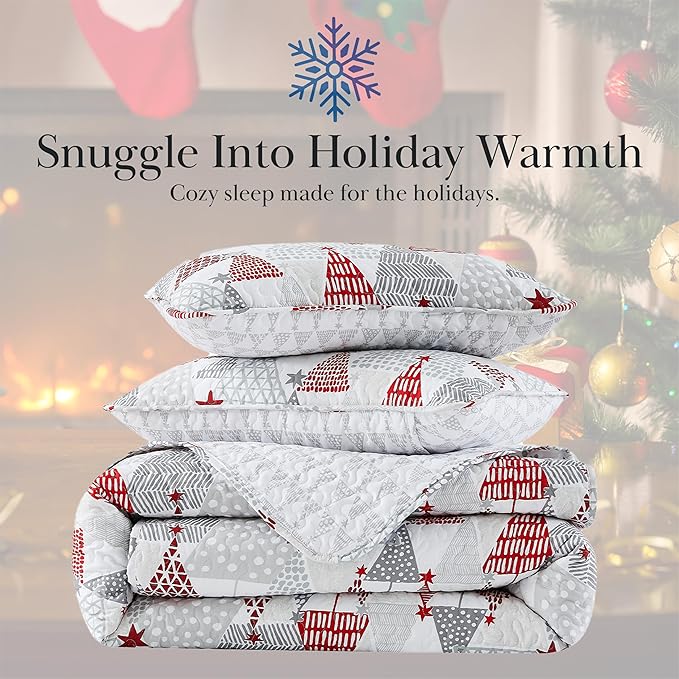 Southshore Fine Living, Inc. California/King Christmas Quilt Set with 2 Pillow Shams, Reversible Coverlet, Holiday Bedding Christmas Tree Design - Red, White & Silver