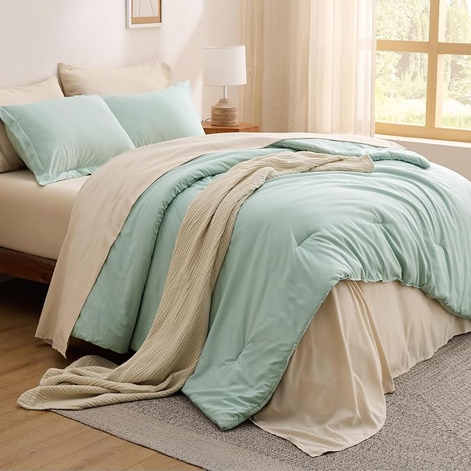 Bedsure Twin Comforter Set - 5 Pieces Sage Green Twin Bedding Set for All Seasons, Boho Contrasting Design Bed in a Bag with Comforter, Sheets, Pillowcase & Sham