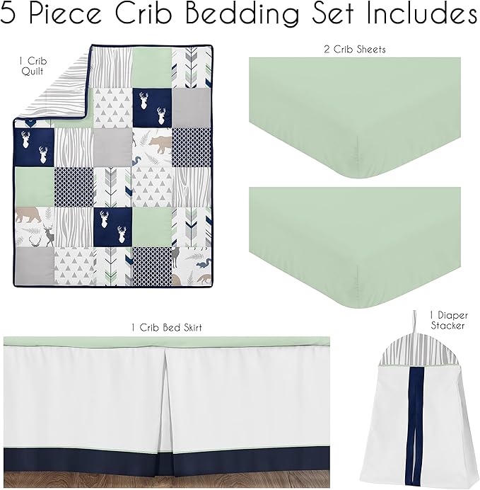 Sweet Jojo Designs Navy Blue Woodland Deer Boy Baby Crib Bedding Set for Infant Nursery Room Quilt, Fitted Sheet, Skirt, Diaper Stacker - 5pc - Mint Green and Grey Woodsy Forest Arrow