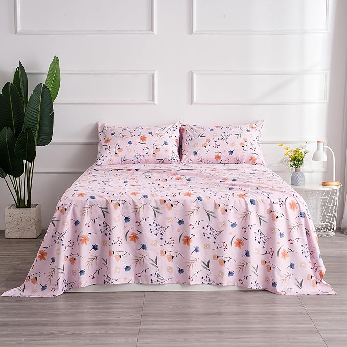 Pink Flower Twin Sheets 3 Piece Set - Botanical Pattern Microfiber Bedding Decor - Breathable, Durable, Up to 16" Deep Pocket Bed Sheet for Girls