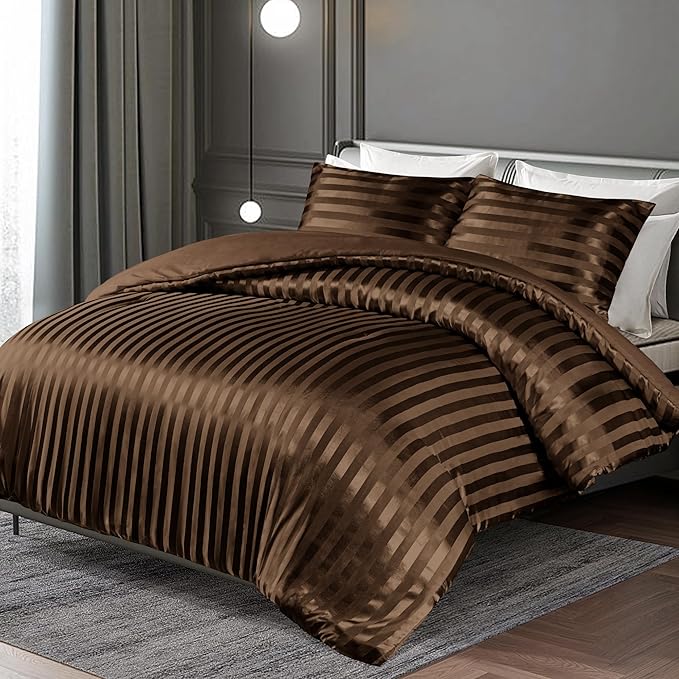 Whale Flotilla 3-Piece Reversible Silky Soft King Size Comforter Set, Luxury Stripe Satin Oversized Comforter Bedding Set with 2 Satin Pillowcases, Lightweight Duvet Set for All Seasons, Brown