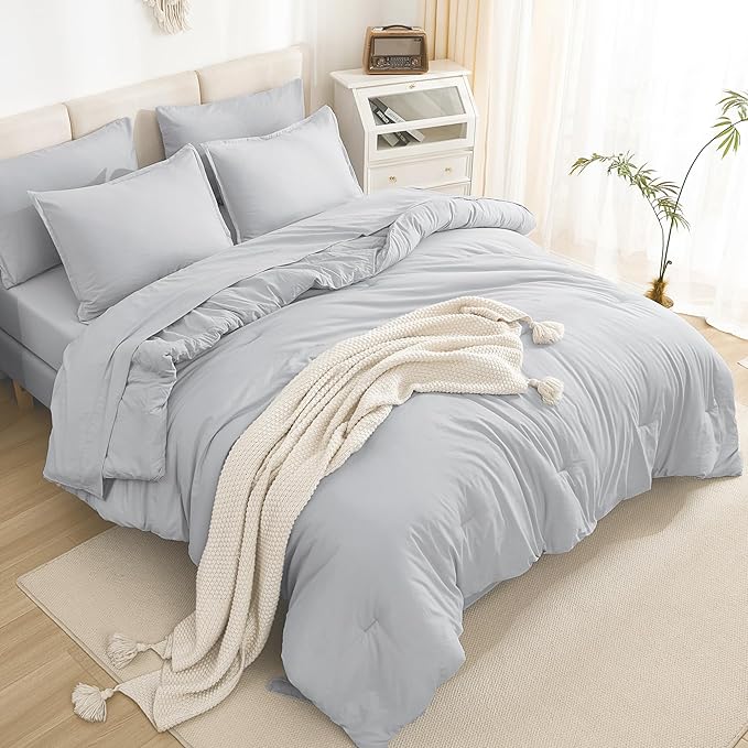 Litanika Super King Comforter Sets Light Grey - 7 Pieces Bed in a Bag Oversized King Bedding Comforter Sets, Solid Lightweight Bed Set with Comforter, Sheets, Pillowcases & Shams