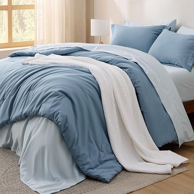 Bedsure Full Size Comforter Set - 7 Pieces Grayish Blue Full Bedding Set for All Seasons, Boho Contrasting Design Bed in a Bag with Comforter, Sheets, Pillowcases & Shams