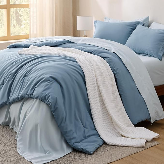 Bedsure Full Size Comforter Set - 7 Pieces Grayish Blue Full Bedding Set for All Seasons, Boho Contrasting Design Bed in a Bag with Comforter, Sheets, Pillowcases & Shams