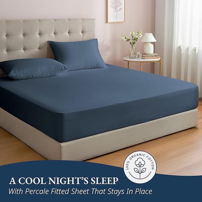 LANE LINEN Twin XL Fitted Sheet, 100% Organic Cotton 2-Piece Set (1 Fitted Sheet, 1 Pillowcase), Percale Weave, Bottom Sheet, Soft, Breathable, Fits Mattress Upto 15" Deep - Navy (No Flat Sheet)
