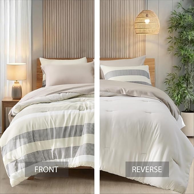 King Size Modern Striped Comforter Set, Lightweight Soft Microfiber Bedding Sets for All Season 7 Pieces Bed in A Bag Set with Comforter, Sheets, Pillowcases & Shams, Neutral