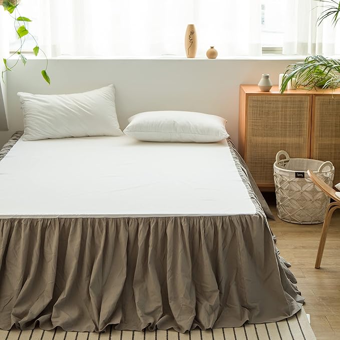 BISELINA French Linen Bed Skirt with Pleated Frills 18-Inch Tailored Drop Natural Flax Cotton Blend Dust Ruffle Soft Cozy Farmhouse Bedding (18" Queen, Ruffle Grey)