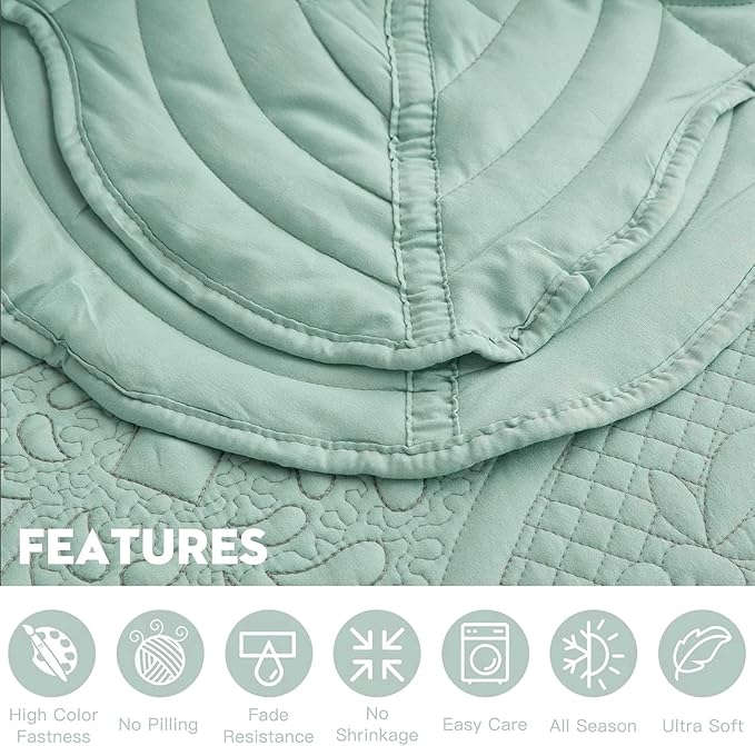 Oversized Bedspread - King Size Bedding Cover - Modern & Contemporary Coverlet Set, Real Stitching, Reversible, Lightweight, 5 Piece, Seaglass
