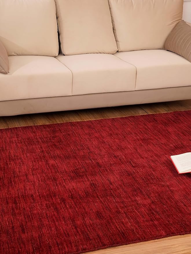 Rugsotic Carpets Hand Knotted Loom Wool ECO-Friendly Area Rugs - 3'x5', Rectangle, Red Color, Solid Plain Design, High Pile Thick Handmade Anti Skid Area Rugs for Living Room, Bed Room (L00111)