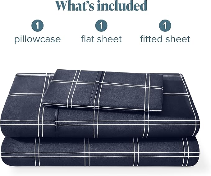Bare Home Twin XL Sheet Set - Luxury 1800 Ultra-Soft Microfiber Twin XL Sheets - Double Brushed - Deep Pockets - Easy Fit - 3 Piece Set - Bedding Sheets (Twin XL, Modern Plaid - Midnight/White)