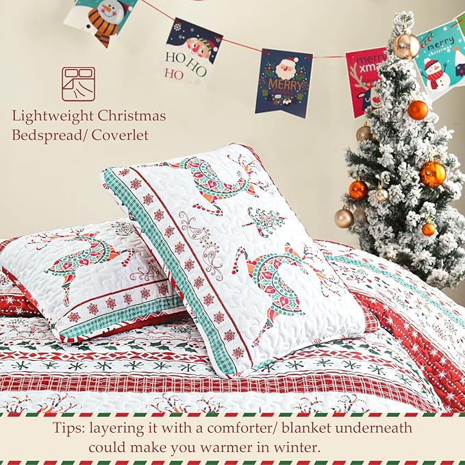 Exclusivo Mezcla Reversible Christmas Quilts Twin Size, Red Bedspread Lightweight Coverlet Winter Quilt Bedding Set with Printed Striped Flowers Reindeer Pattern (1 Quilt, 1 Pillow Sham)