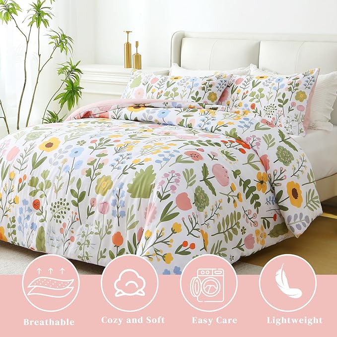 Queen Comforter Set Pink 3 Pieces Bed in a Bag, Colorful Floral Bedding Sets Elegant Botanical Bed Set, Lightweight Soft Comforter with 2 Pillowcases for All Season