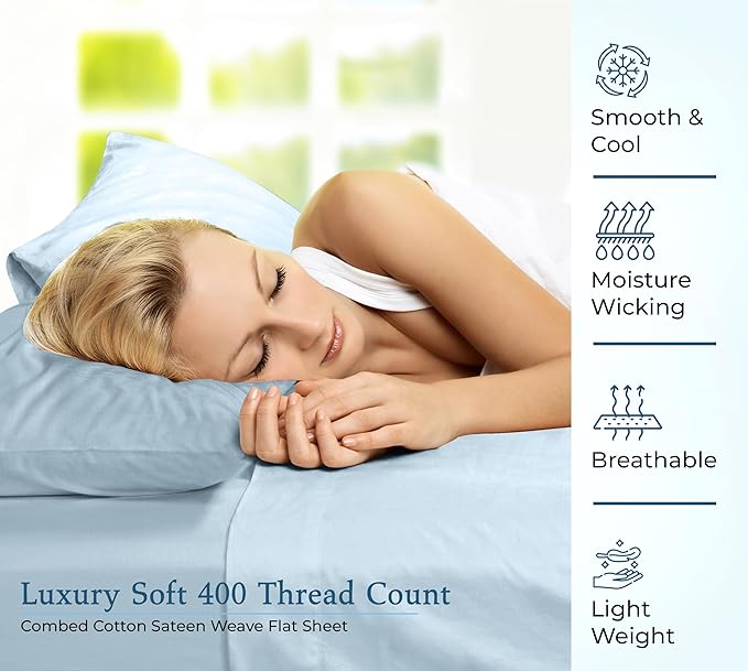Royale Linen 400 Thread Count 100% American Grown Cotton Flat Sheet - Cooling Sheets - King Sheets - Luxury Sateen Weave - King Flat Sheet Sold Separately - Blue Flat Sheet Only (King, Caribbean Blue)