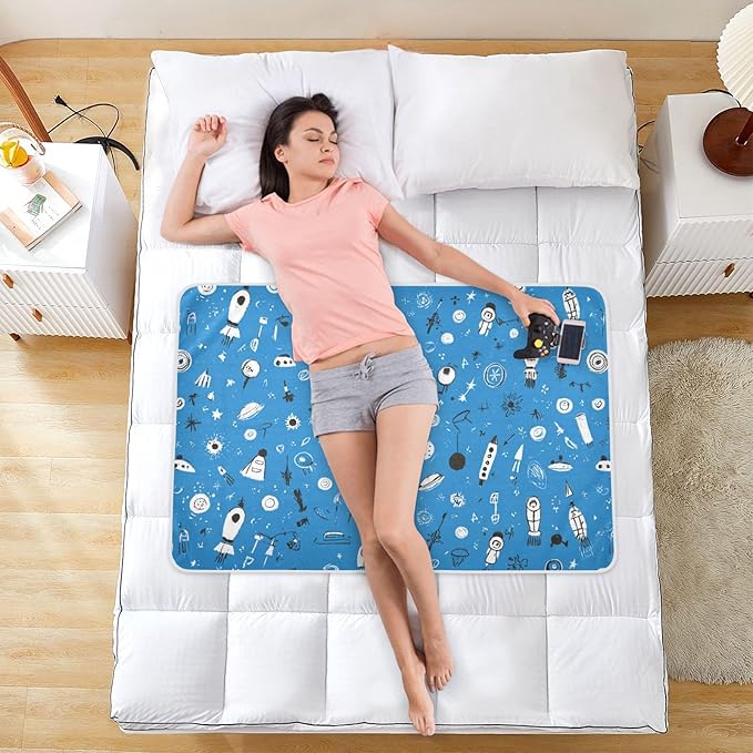 Waterproof Bed Pad Reusable Changing Pad Toddler Mattress Protector Large Pee Pad Baby Diaper Pad Soft Washable Liner Blue Space Doodle Rocket Spacemen