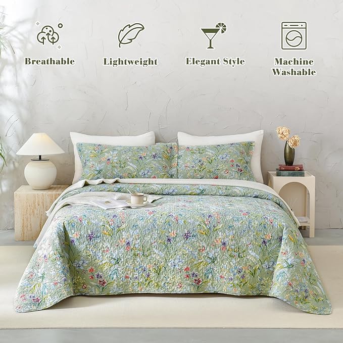 QSH 100% Cotton Quilt King Size Bedding Set (110"x98") 3Pcs Green Floral Quilt Set Summer Flower Bird Butterfly Printed Bedspread Coverlet King Soft Lightweight Bedding Set for All Seasons