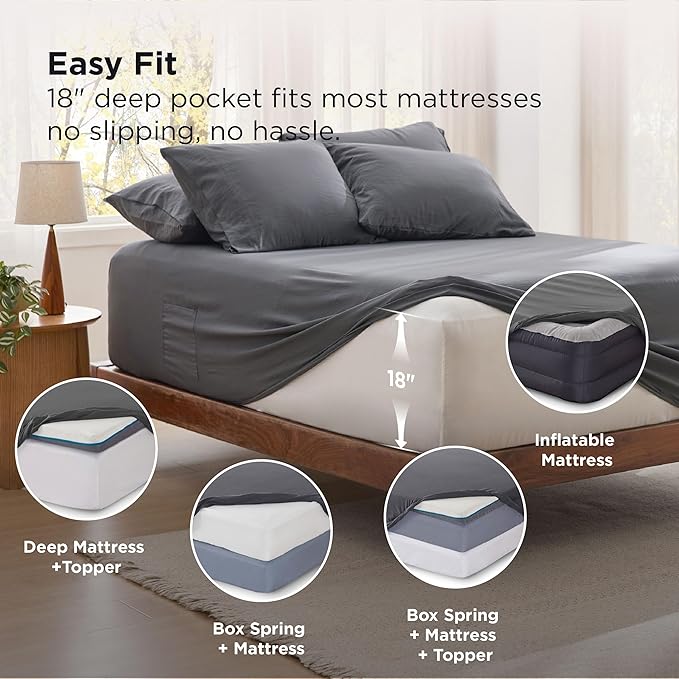Bedsure Deep Pocket King Sheet Set - 6 Piece, Prewashed Ultra-Soft King Size Sheets Set, Fits Mattresses Up to 18 Inches Thick, Breathable & Secure Fit, Hotel Luxury Bedding, Grey