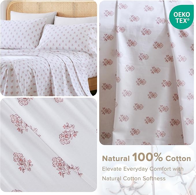 Comfort Spaces 100% Cotton Sheets Cal King, Breathable, Naturally Cool Cotton Sheets, Soft Cotton Bed Sheets with 14" Elastic Pocket Fits up to 16" Mattress, All Seasons Sheet Set, Floral Pink 4 Piece